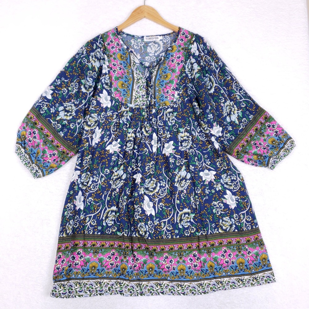 Temofon Boho Peasant Dress Womens L Floral Paisley Tassel Blue Festival Mini